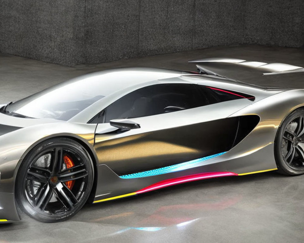 Sleek Modern Sports Car with Metallic Finish and Neon Underglow