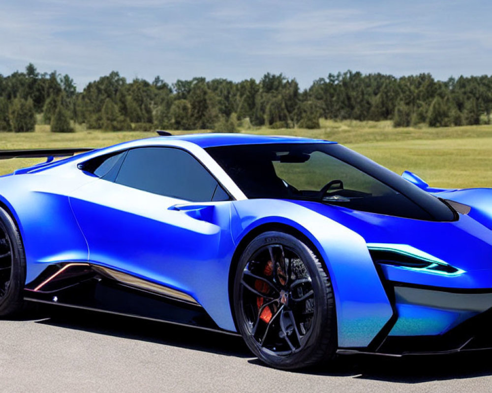 Blue Sports Car with Futuristic Design on Asphalt with Grass Background