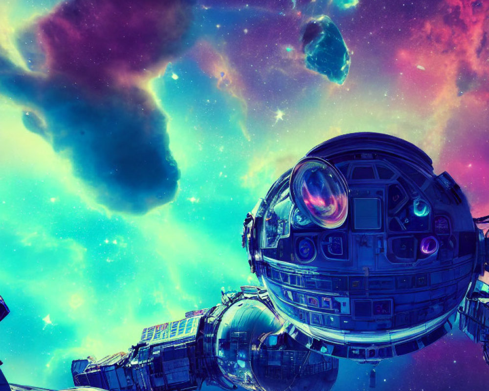 Colorful Sci-Fi Space Station in Vibrant Nebula