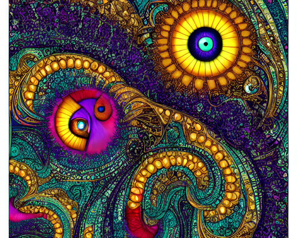 Colorful Psychedelic Artwork with Stylized Eyes and Paisley Motifs