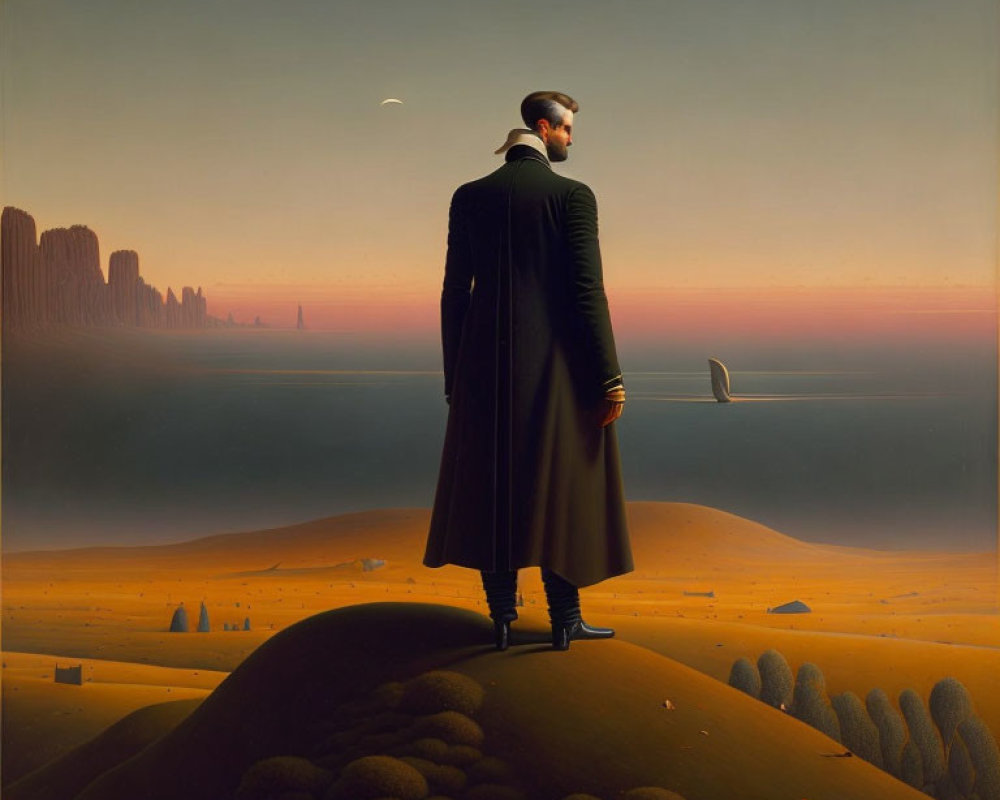 Surreal painting featuring man in coat overlooking desert landscape
