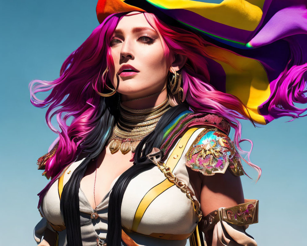 Vibrant pink-purple hair, colorful hat, and decorative armor under clear blue sky