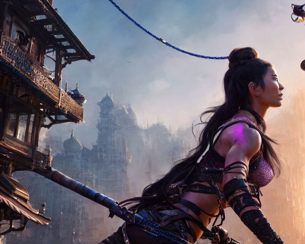 Fantasy warrior woman overlooking mystical ancient cityscape