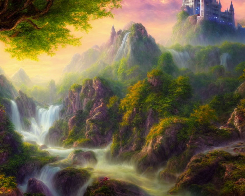 Fantasy landscape with castle, waterfalls, lush greenery, pink foliage under warm sky