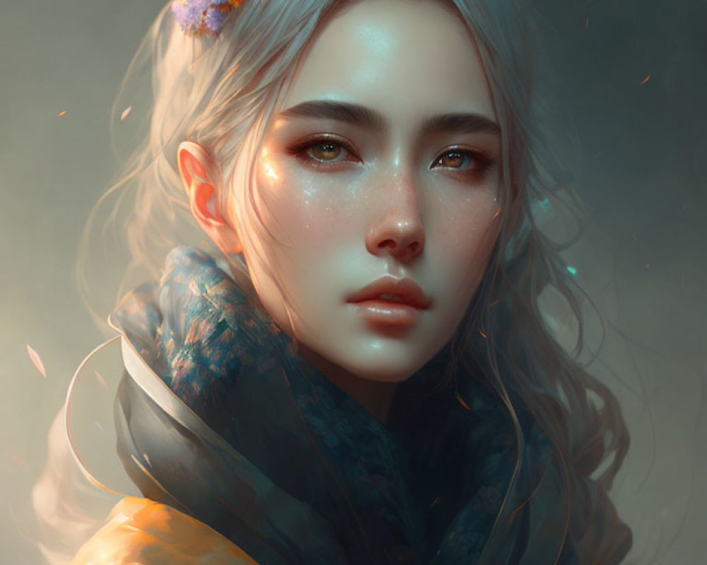 Portrait of Woman with Freckles, Ethereal Glow, Flowers in Hair & Warm Scarf