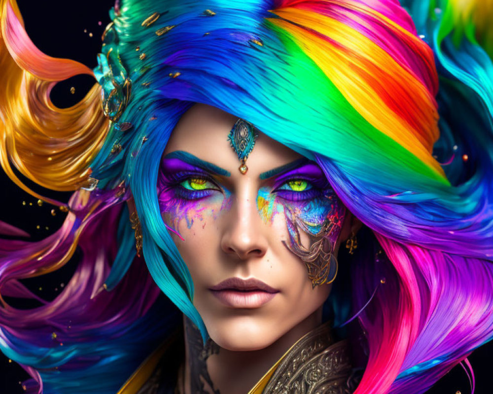 Vibrant rainbow hairstyle on woman with ornate makeup and jewelry