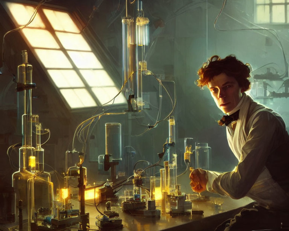 Vintage laboratory with glassware and equipment in sunlight.