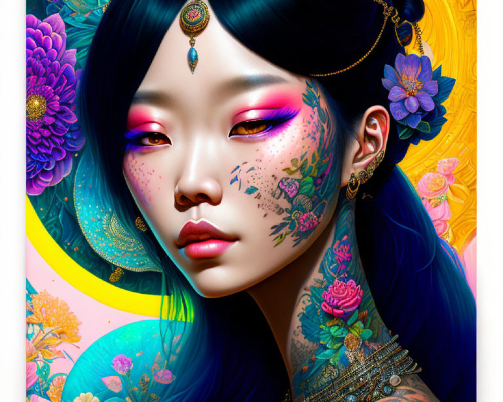 Colorful digital portrait of woman with blue hair and gold jewelry, surrounded by flowers and yellow aura