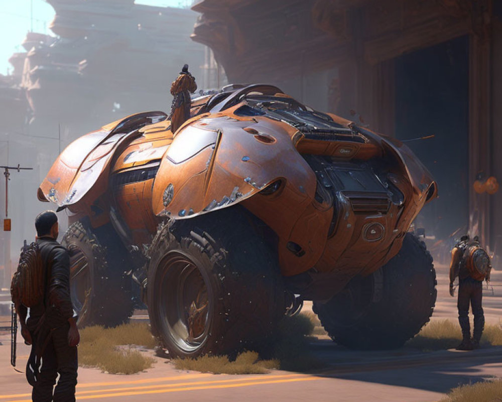Sci-fi armored vehicle with large wheels in futuristic city setting.