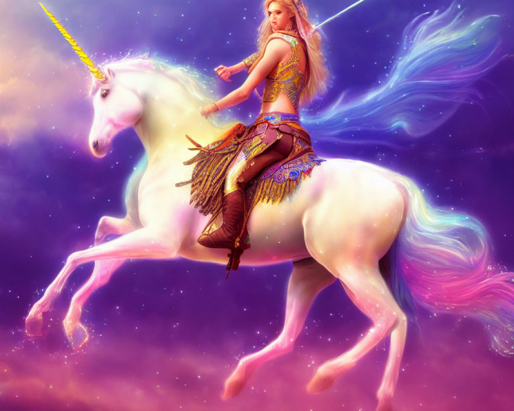 Fantasy illustration of woman with sword on white unicorn in celestial setting