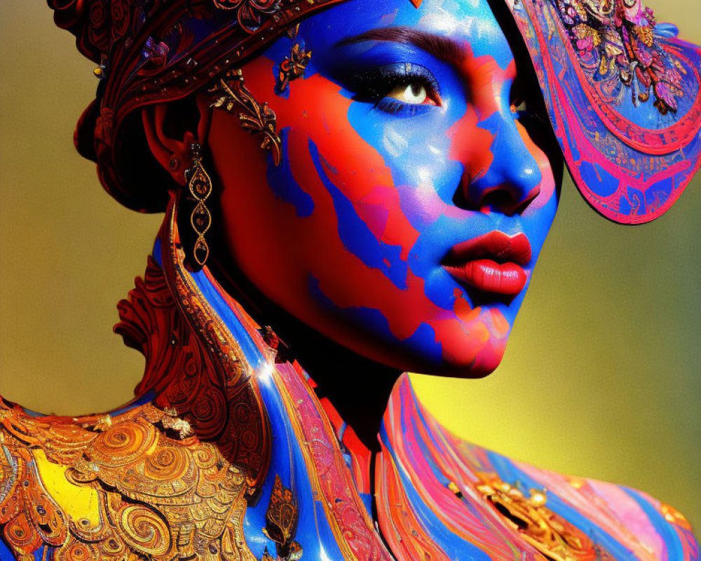 Vibrant portrait featuring blue and red face paint with golden headpiece