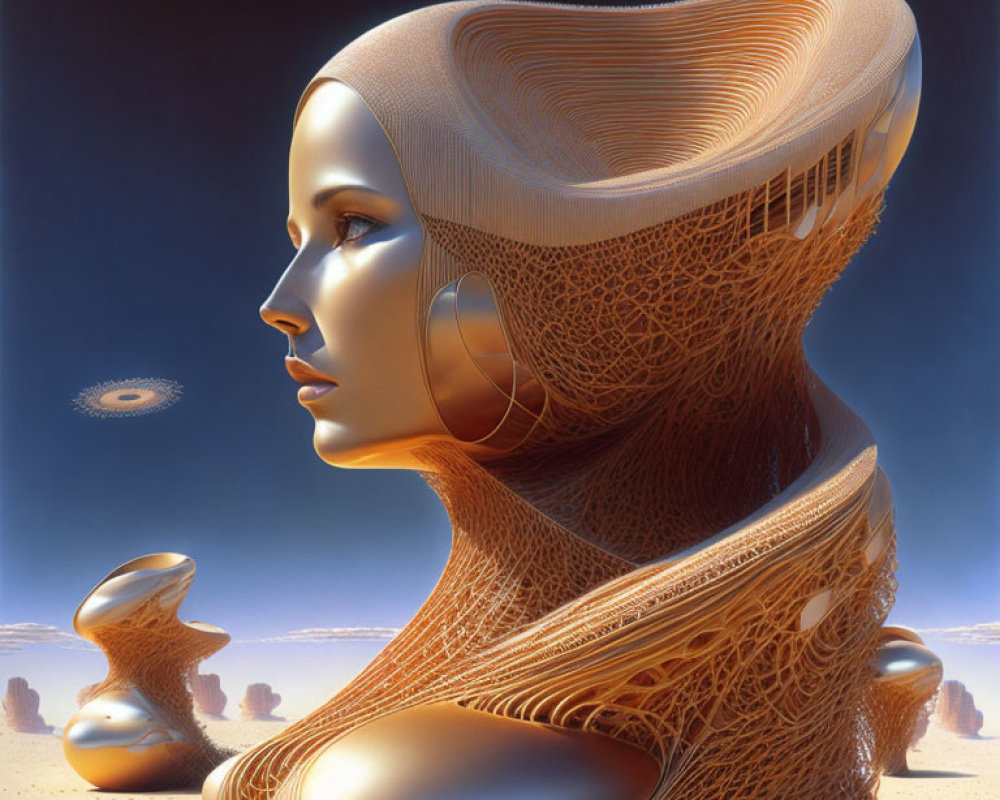 Surreal female portrait with elongated headpiece in desert setting