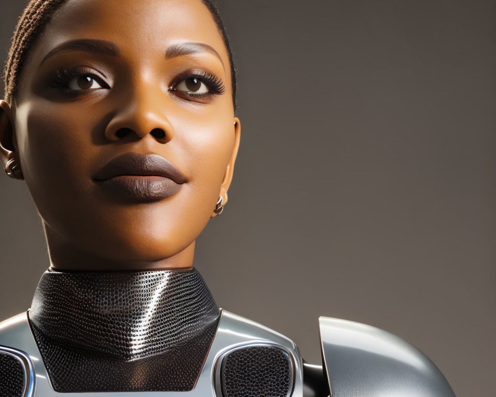 Portrait of woman with robotic body on grey background
