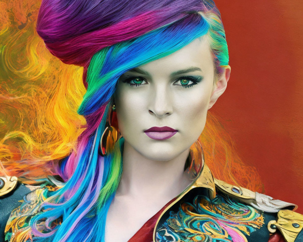 Colorful Rainbow Hair and Bold Makeup on Woman in Fiery Background