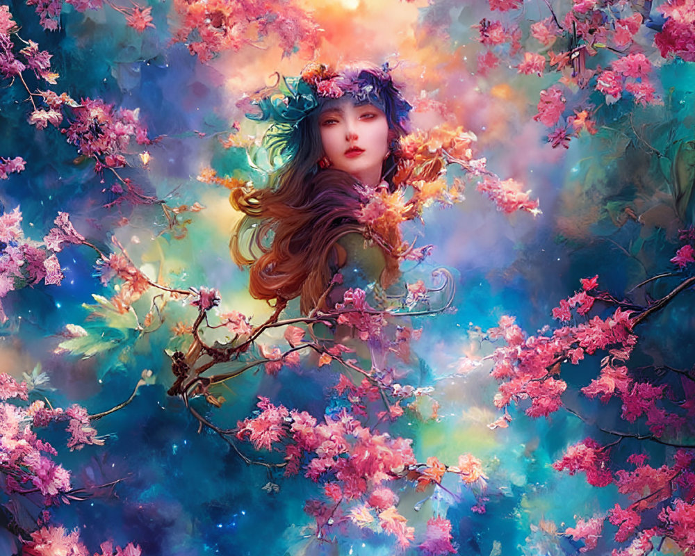 Woman with floral hair adornments surrounded by pink blossoms on blue background