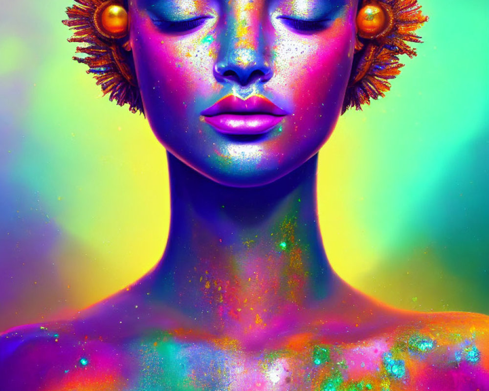 Colorful digital portrait of a person in golden headdress with closed eyes.