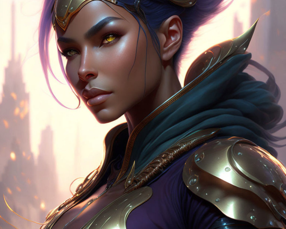 Digital artwork: Woman with blue hair and golden armor, yellow eyes, elegant helmet, blurred cityscape