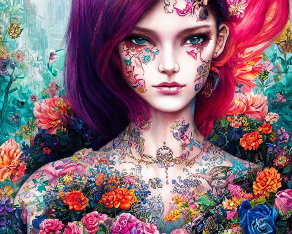 Colorful illustration of woman with purple hair and floral tattoos in lush garden