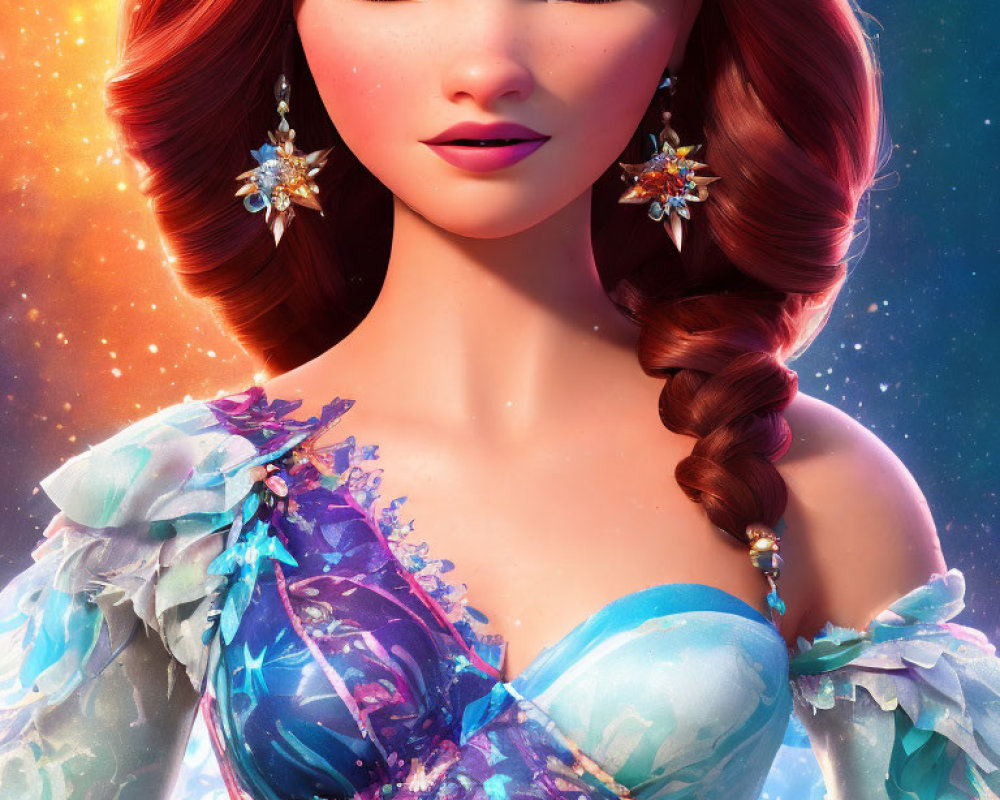 Red-haired animated woman in sparkly blue and purple dress with floral accessories