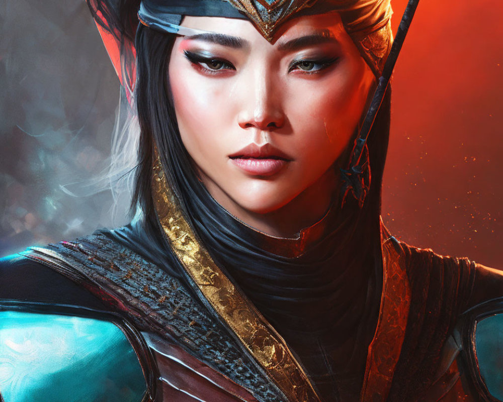 Digital art portrait of warrior woman with East Asian features in blue and red armor.