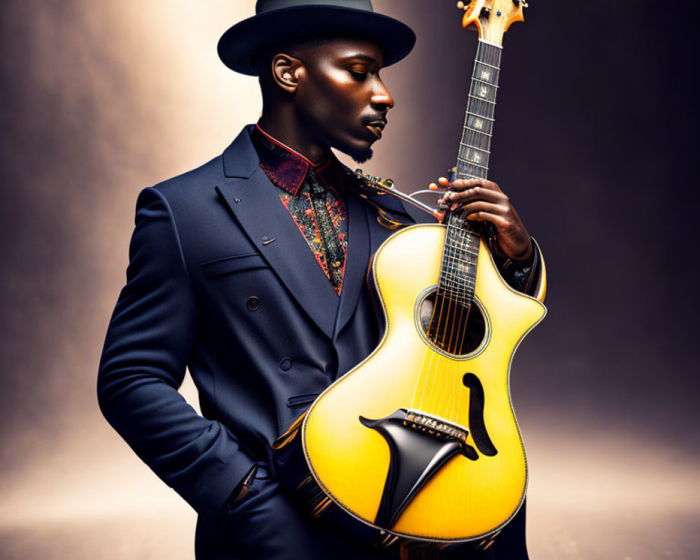 Man in suit and hat holding guitar on dark dramatic background