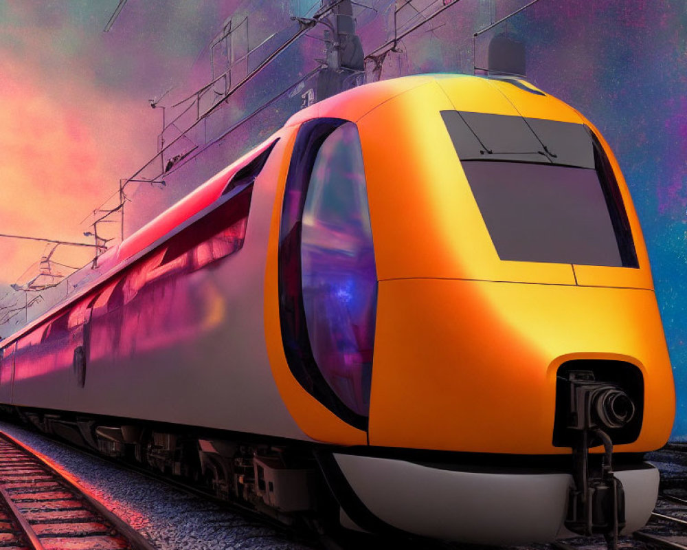 Streamlined orange and white futuristic train on railway track under vibrant purple sky
