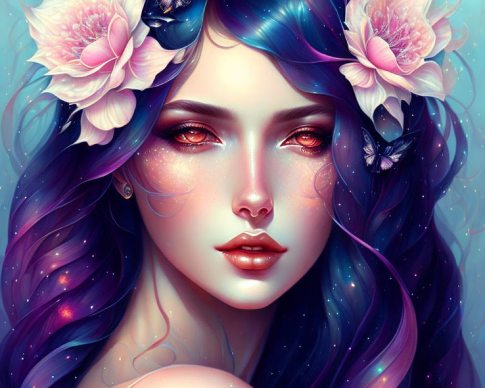 Cosmic-themed digital art portrait of a woman with pink flowers and butterflies
