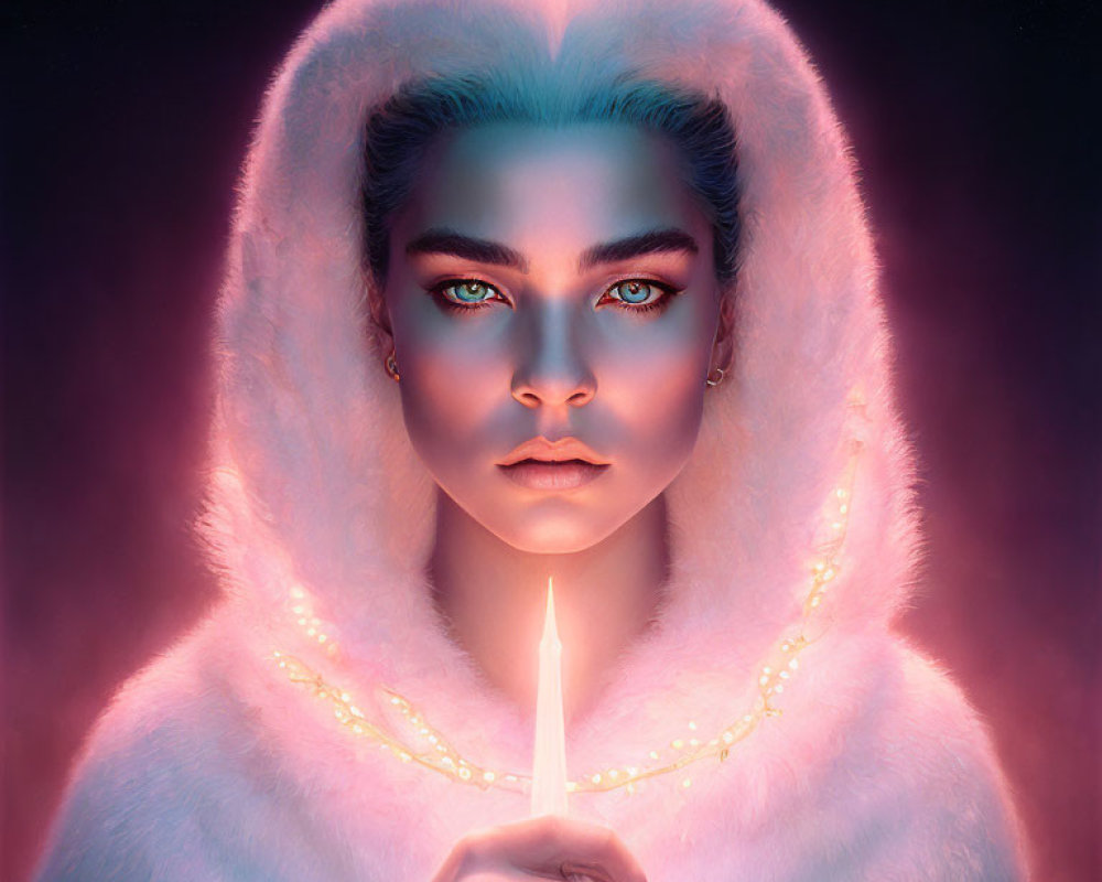 Person with Blue Eyes Holding Lit Candle in Pink Glow