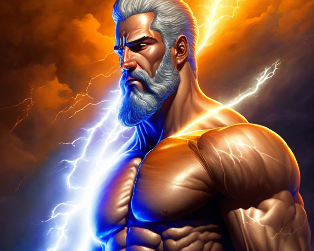 Muscular bearded man with white hair in dramatic lightning scene