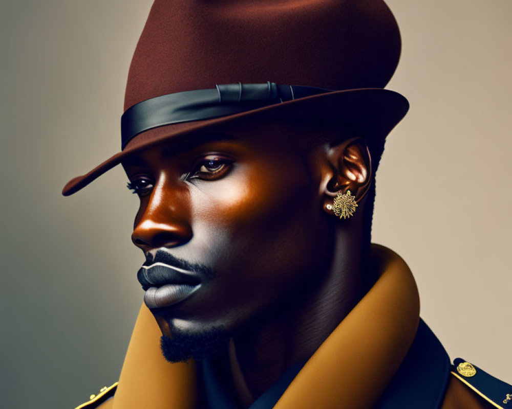 Stylized digital portrait of a man with deep skin tone in brown hat and military-style cape