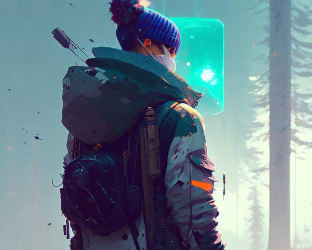 Person in Winter Attire with Backpack Facing Glowing Cube in Snowy Forest