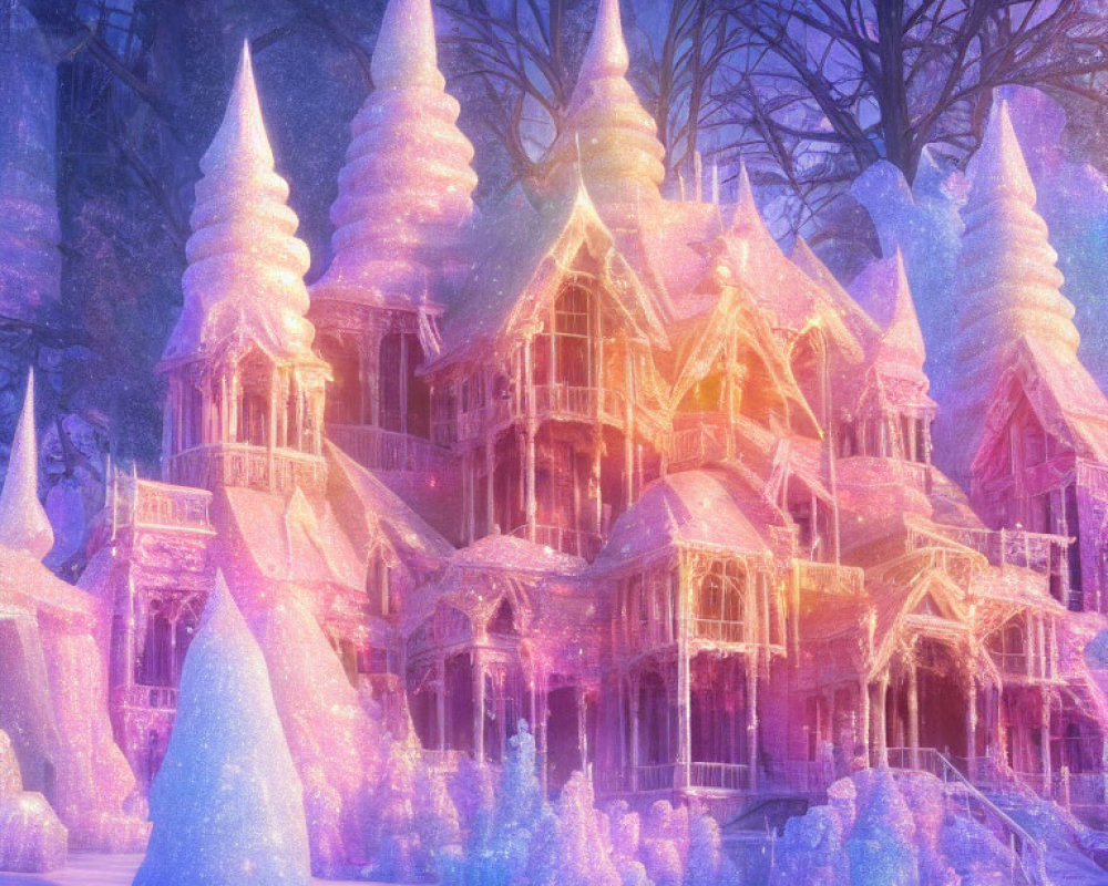 Mystical pink and purple ice palace in snowy forest
