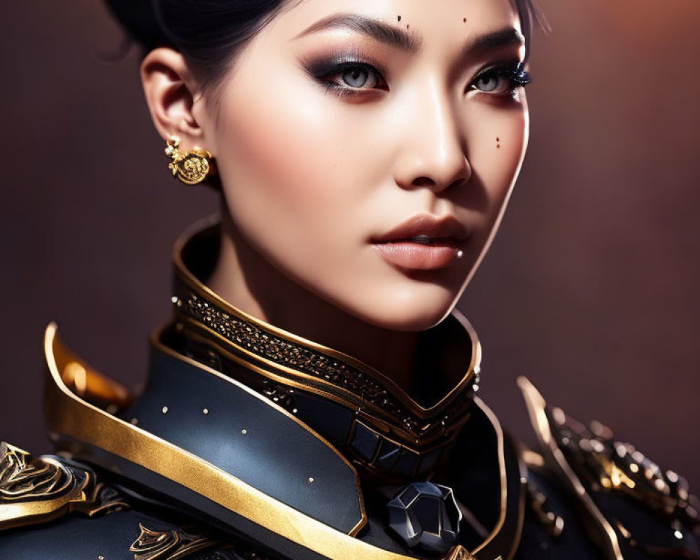 Woman in Striking Makeup Wearing Black and Gold Armor with Elegant Earrings