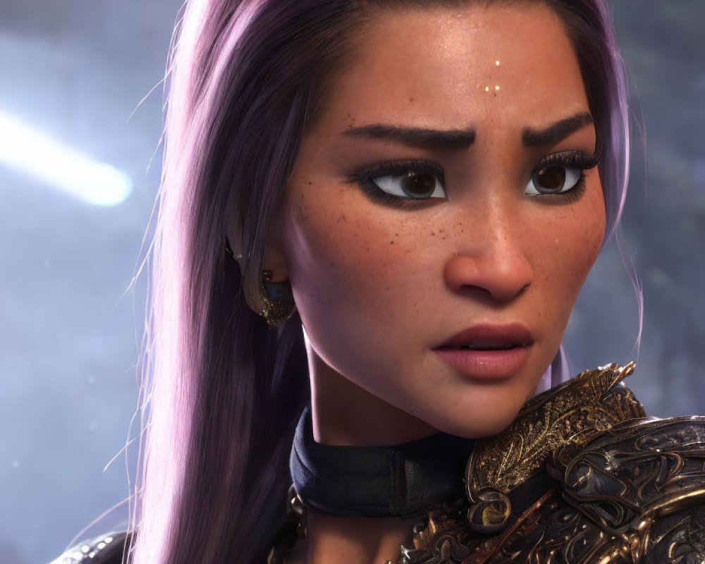 Detailed close-up of animated female character with purple hair and freckles in intricate armor, against soft