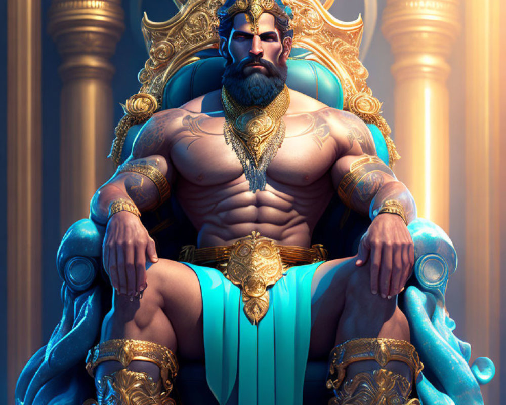 Muscular bearded character with golden crown and armor on throne in ornate hall