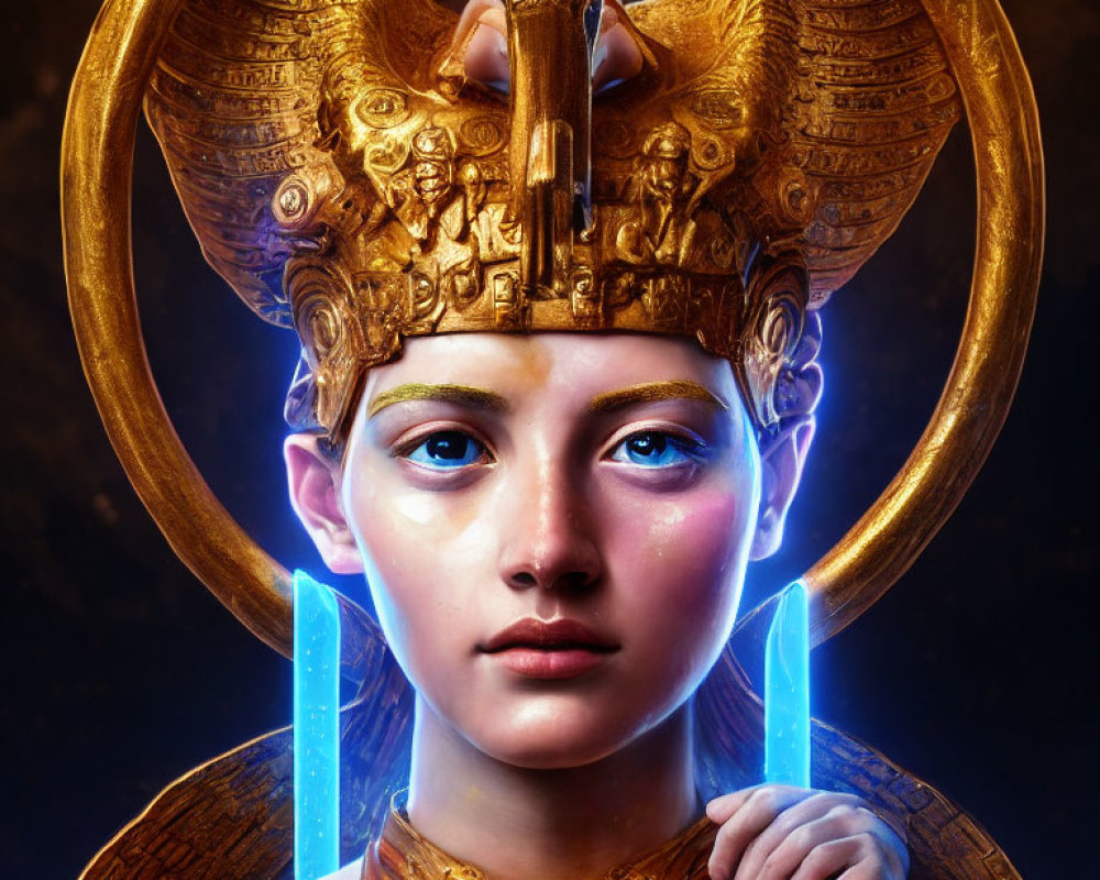 Detailed digital portrait: Woman with gold Egyptian headdress, blue glowing eyes, and ornate collar.