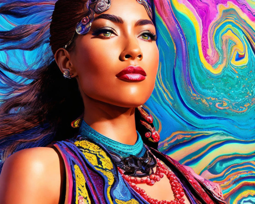 Colorful Background with Woman in Bold Makeup and Jewelry