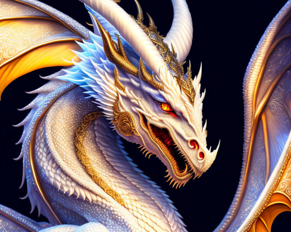 Detailed Illustration: Majestic White & Gold Dragon with Large Wings & Red Eyes on Dark Background