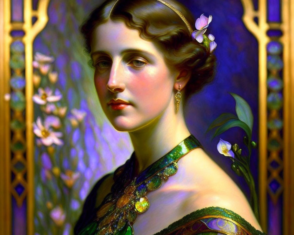 Portrait of woman with flowers in hair and jeweled necklace against stained glass backdrop.