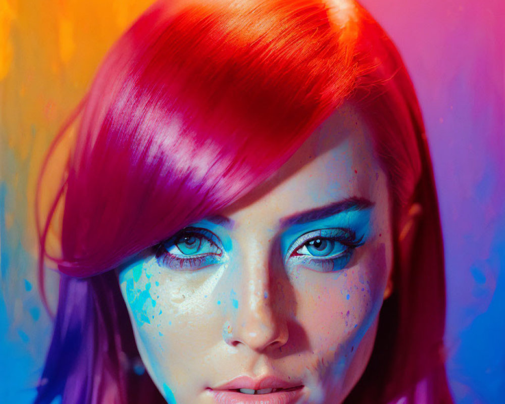 Vibrant red-haired woman with colorful makeup and paint splashes