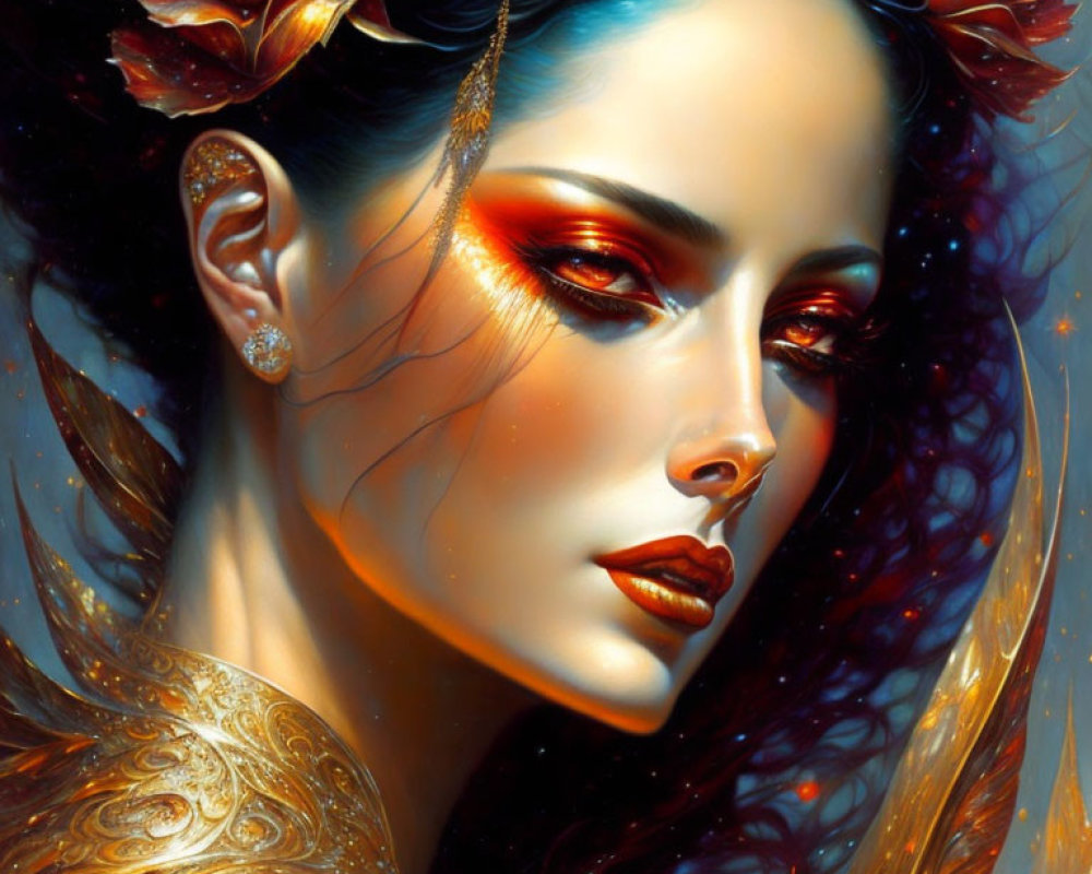 Digital artwork featuring a woman with red eye makeup and golden floral hair adornments.