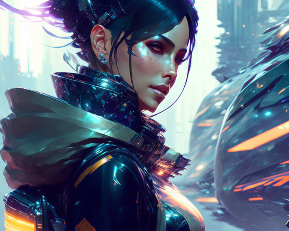 Female character in black armor with cybernetic enhancements in futuristic city.