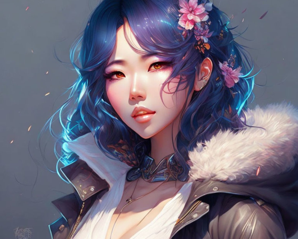 Illustration of woman with glowing blue hair and pink flower adornments in fur-lined jacket