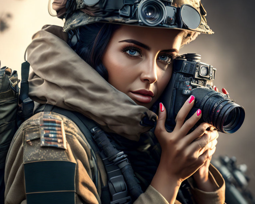 Female soldier with camera and night-vision goggles in military gear