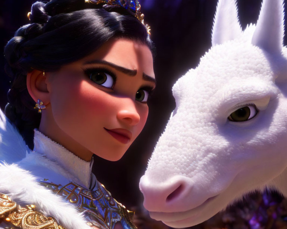 Young woman with braided hair and tiara beside white unicorn in mystical setting