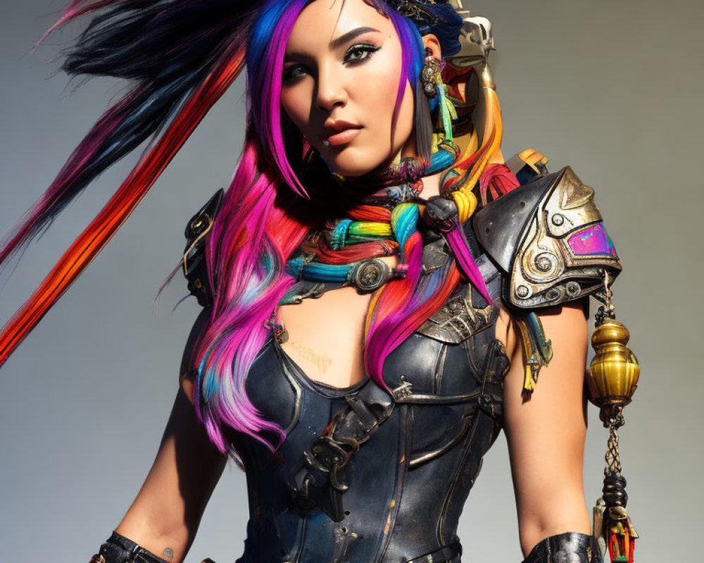 Vibrant fantasy-themed digital artwork of female character with colorful hair and intricate armor
