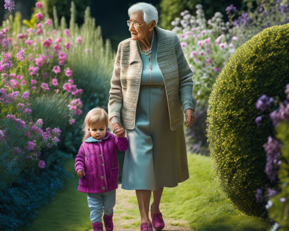 Elderly woman and child walking in flower garden