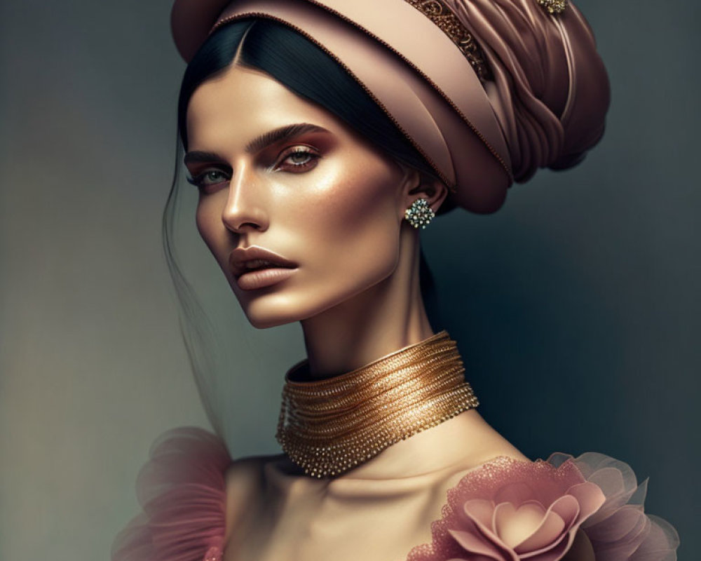 Woman with Striking Makeup and Stylish Turban with Pearls and Floral Outfit