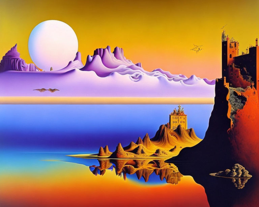 Surreal landscape featuring calm lake, rocky structures, castle, birds, and setting sun