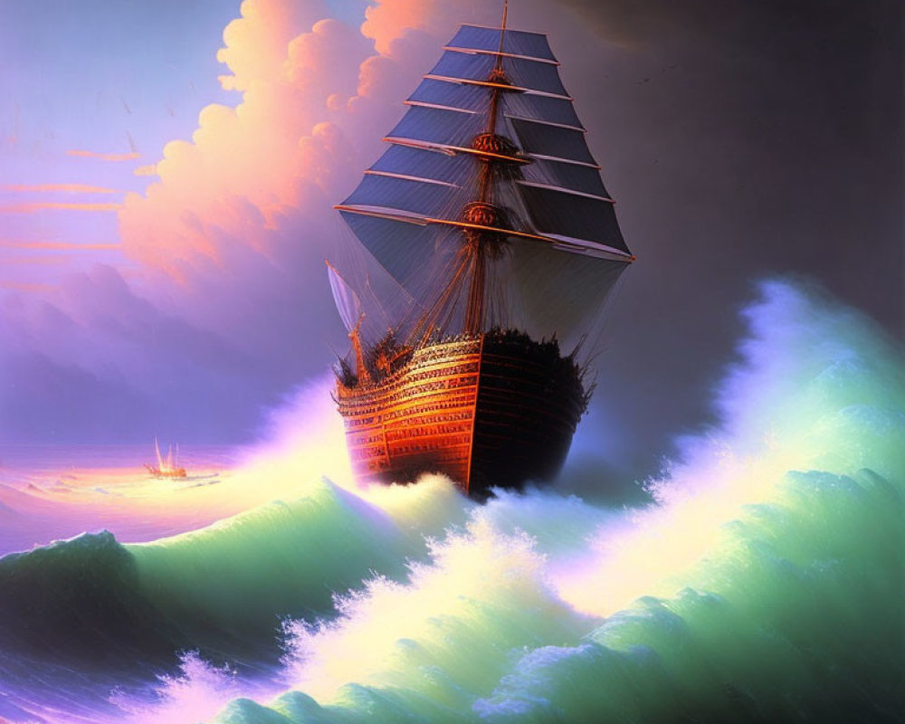 Sailing ship with multiple tiers of sails on teal sea waves at sunset